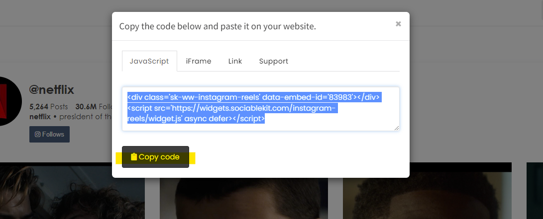 Copy the embed code. - How To Embed Instagram Reels On Squarespace Website For Free?